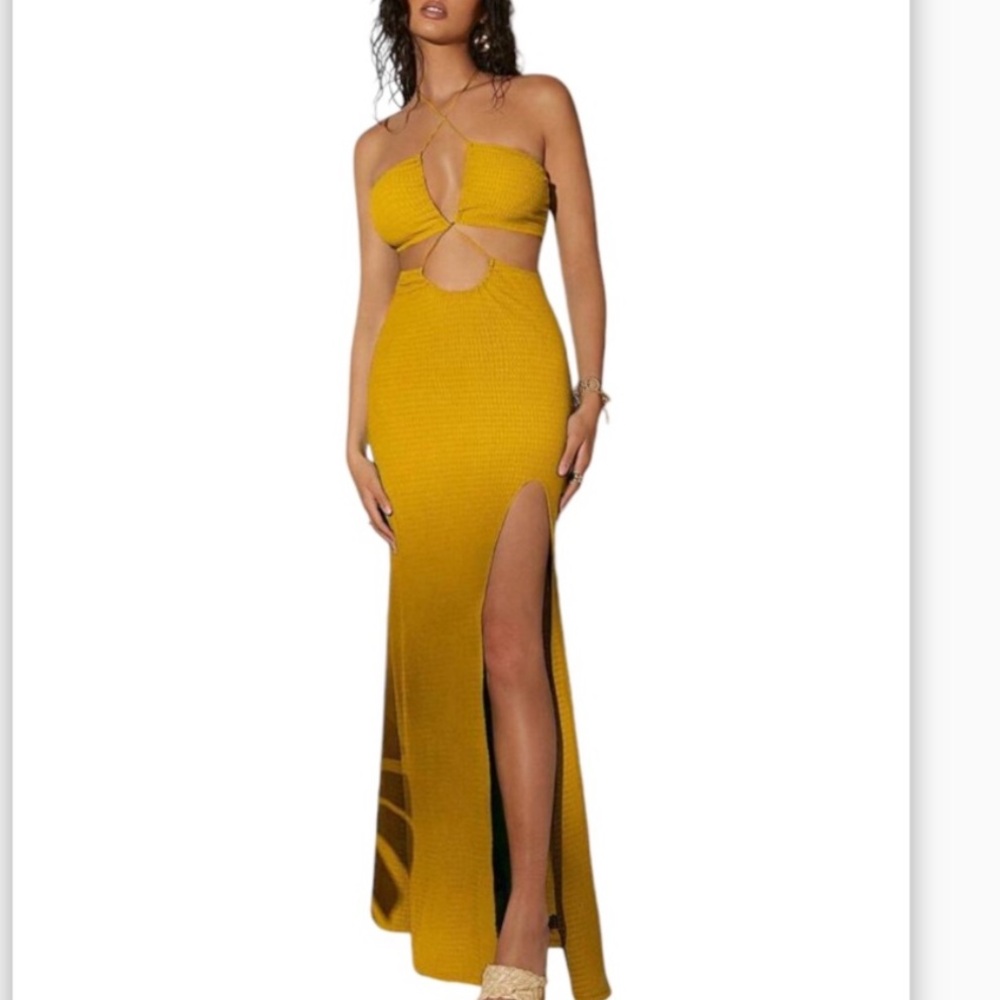 Fashion dress maxi cut out split thigh high halter neck yellow large NWT